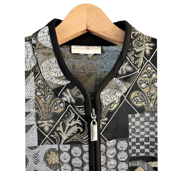 PRESWICK & MOORE Tapestry Jacket Black Gold Silver Full Zip Long Sleeves XL EUC - Picture 3 of 7
